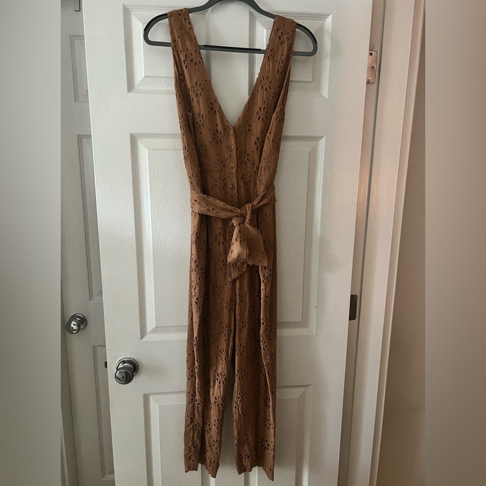 Amuse Society Maya Woven Jumpsuit Mocha Beige Eyelet